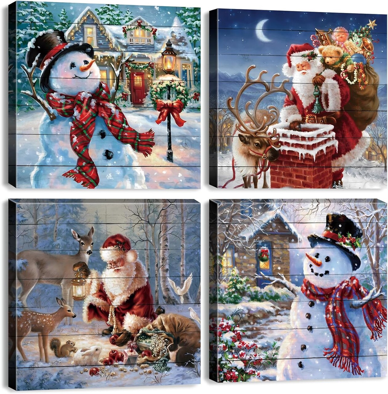 Christmas Wall Art Set – 4 Pcs Santa Claus & Snowman Canvas Prints – Watercolor Deer & Holiday Decor for Living Room, Bedroom, or Xmas Party
